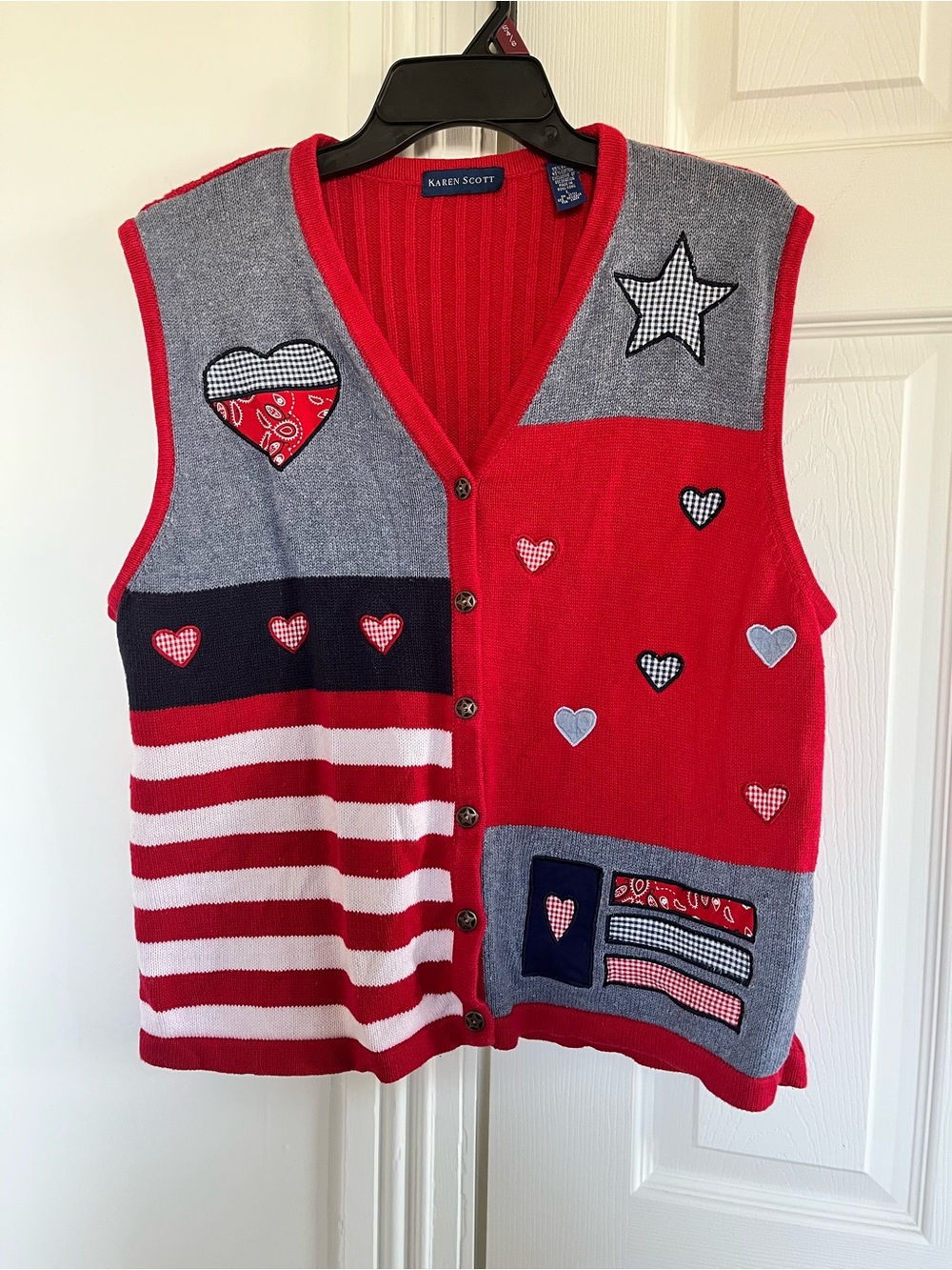 Karen Scott Red and Gray Knit Vest with Patch Details